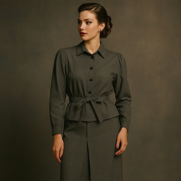 Vintage Dresses & Skirts - Vintage Ralph Creation W.Germany Skirt Set‎ Gray Pinstripe Belted Peplum Blouse